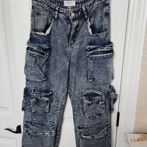 RISE Acid Wash Cargo Jeans - Blue